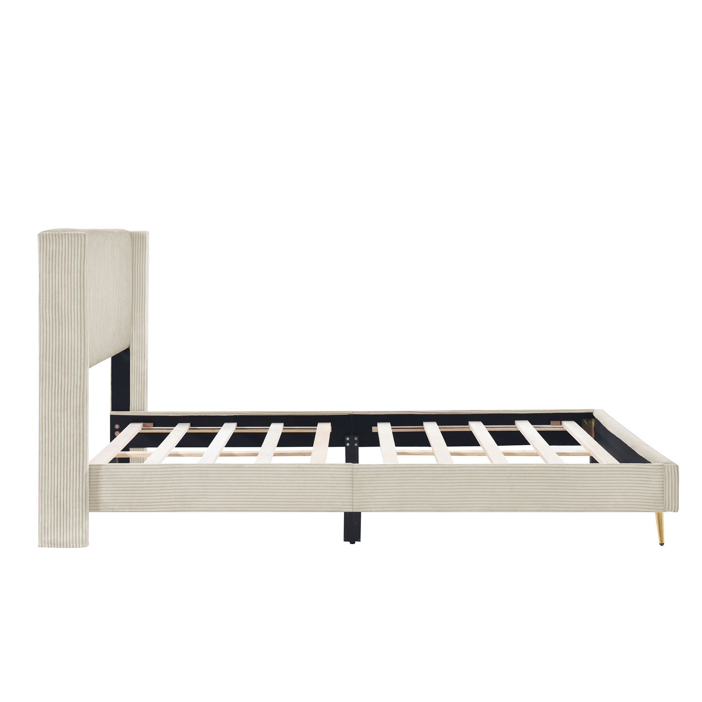 Queen Size Corduroy Platform Bed with Metal Legs - Beige