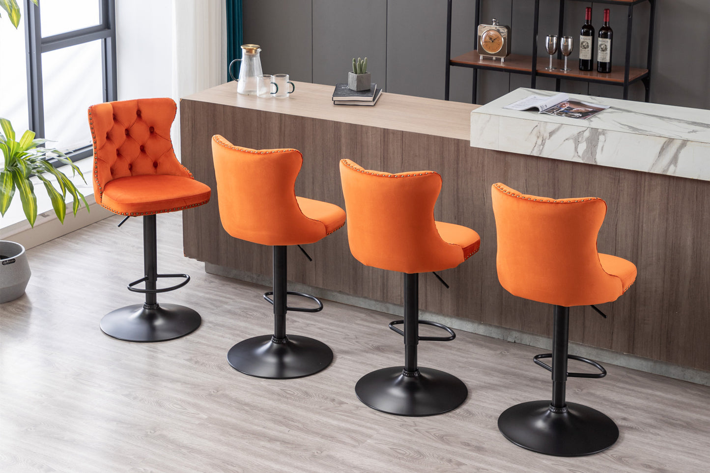 Rise 180 Velvet Barstools Adjusatble Seat Height - Orange Set of 2