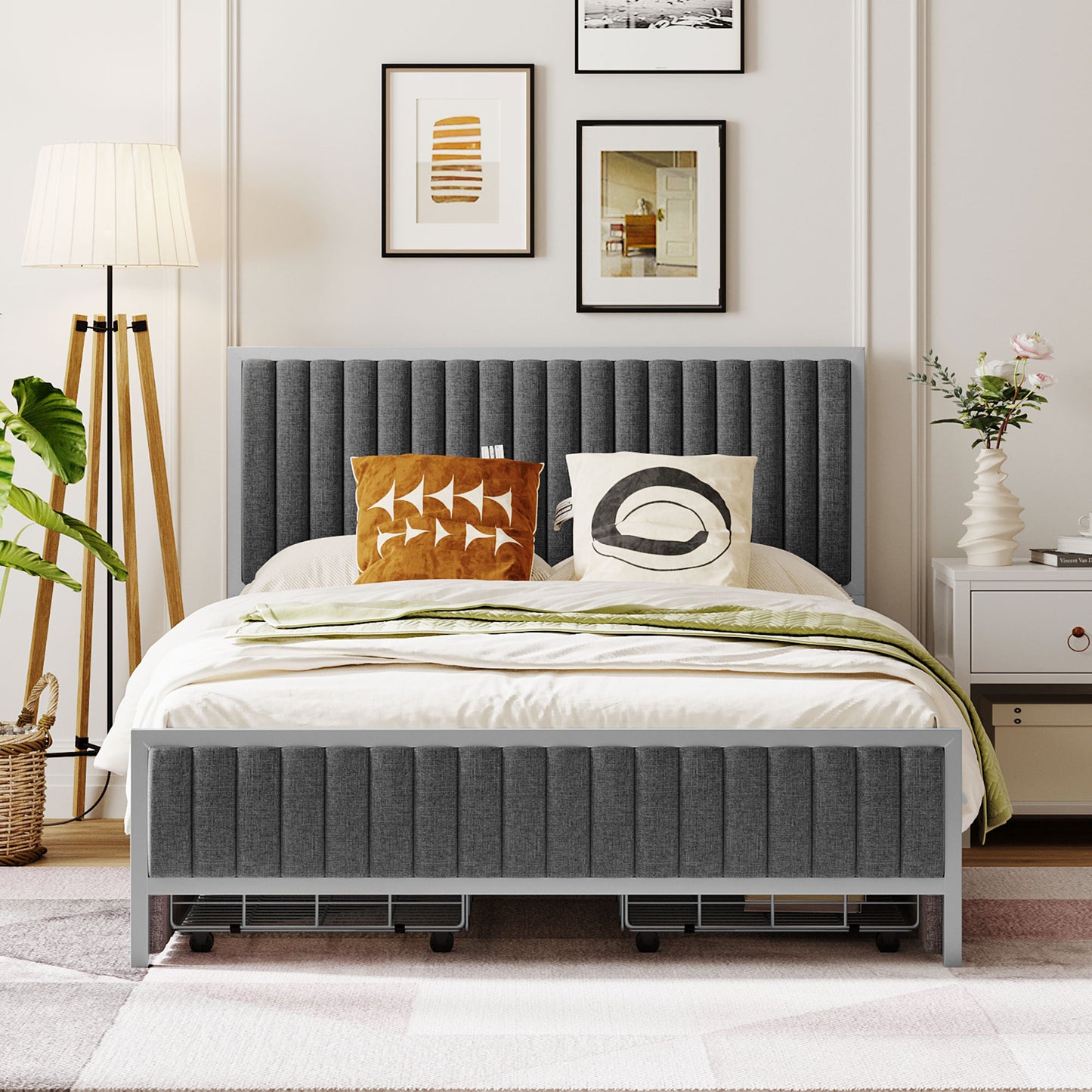 Maza Full Size Metal Frame Upholstered Bed w Drawers - Gray