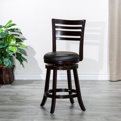 Counter Height Slat Back Swivel Stool, Espresso Finish, Black Leather Seat