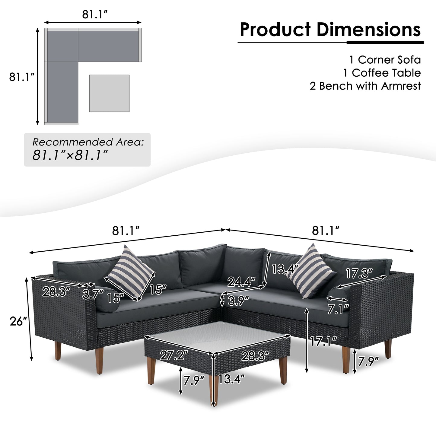 Selma  4 Pc Outdoor Wicker Sofa Set - Black+ Gray