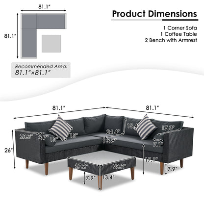 Selma  4 Pc Outdoor Wicker Sofa Set - Black+ Gray