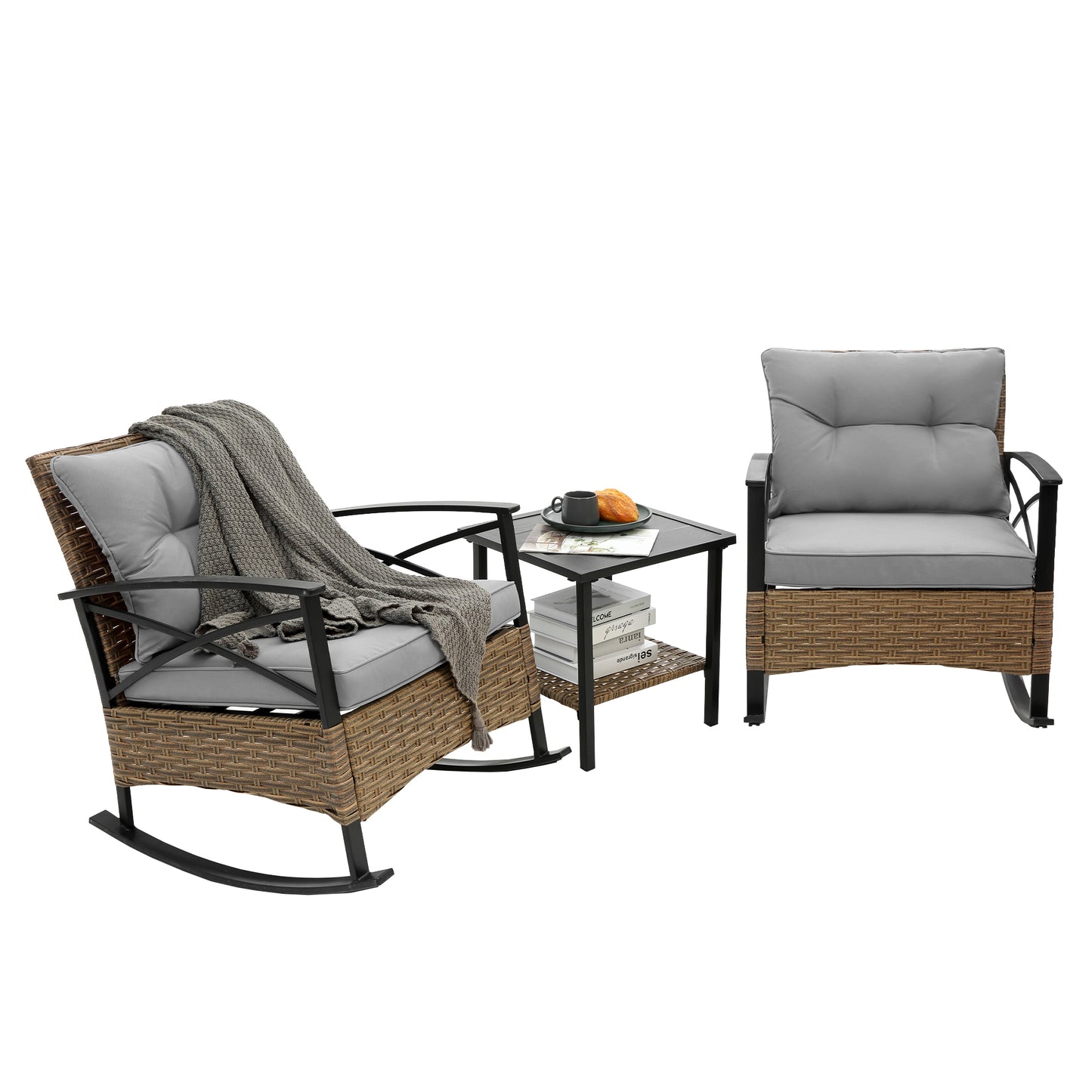 Stearns 3 Pc Rocking Rattan Set - Gray