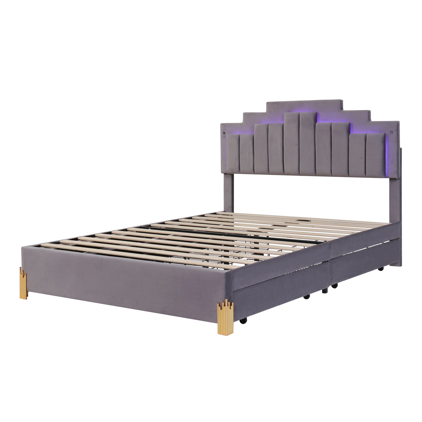 Neco Queen Size Platform Bed with LED and 4 Drawers - Gray