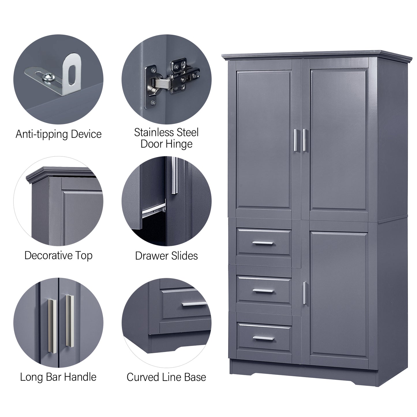 Lofty Cabinet with Doors Three Drawers - Grey