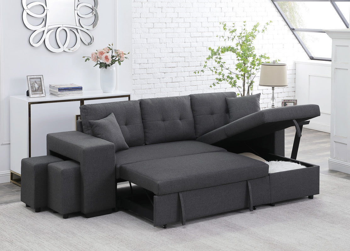 Dennis Fabric Reversible Sleeper Sectional with Storage Chaise and 2 Stools - Dark Gray