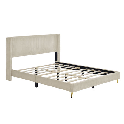 Queen Size Corduroy Platform Bed with Metal Legs - Beige