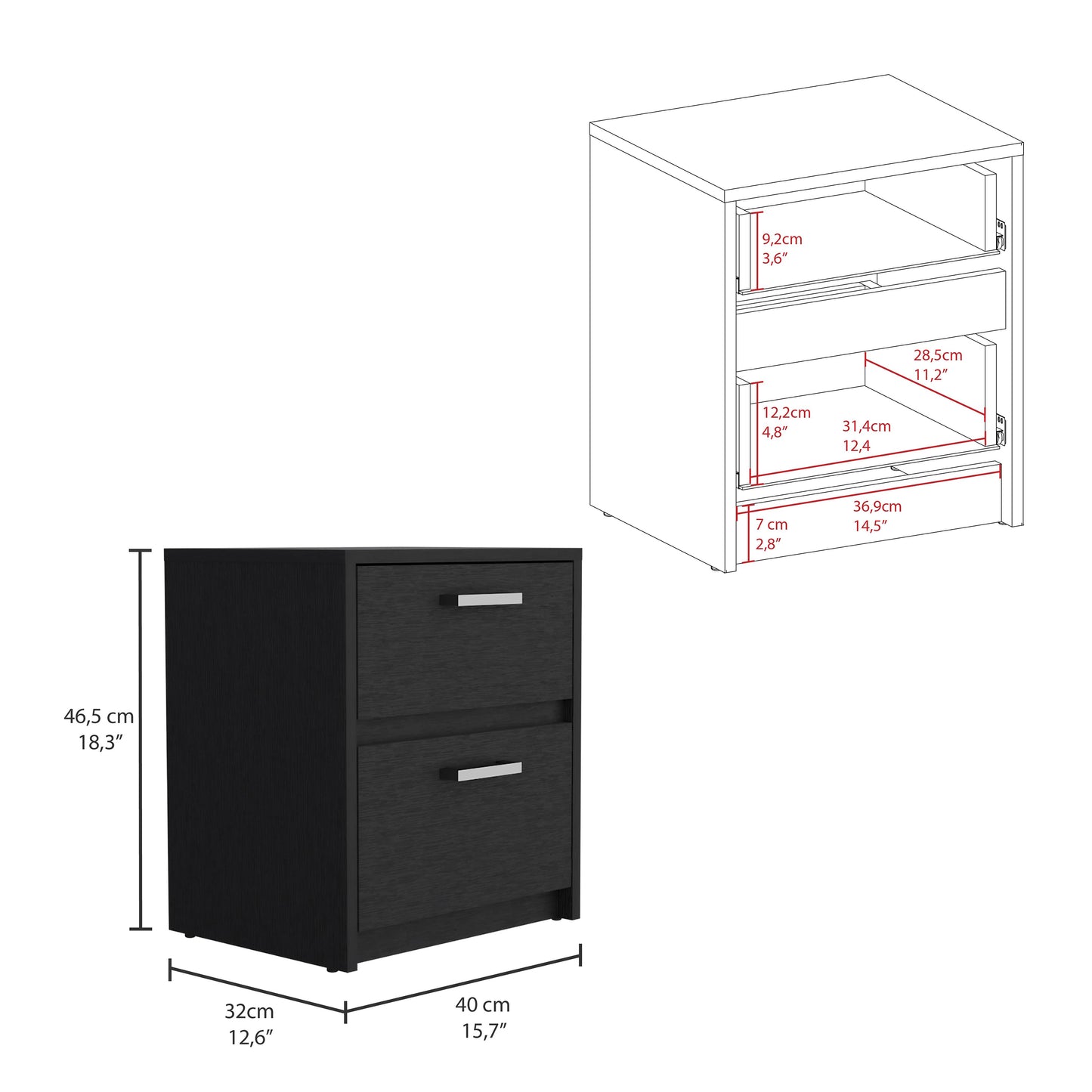 Trivor 2 Drawers Nightstand - Black