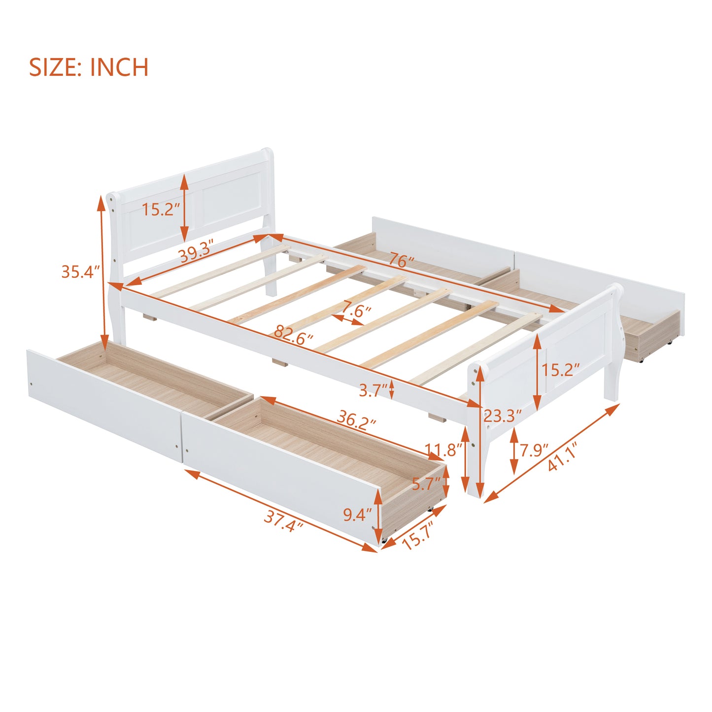 Meg Twin Size Wood Platform Bed with 4 Drawers - White