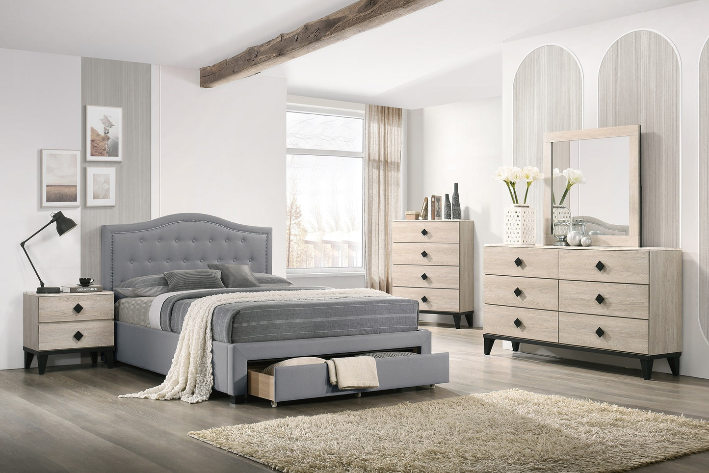 Imani Twin Size Bed w Drawer Button Tufted - Light Grey