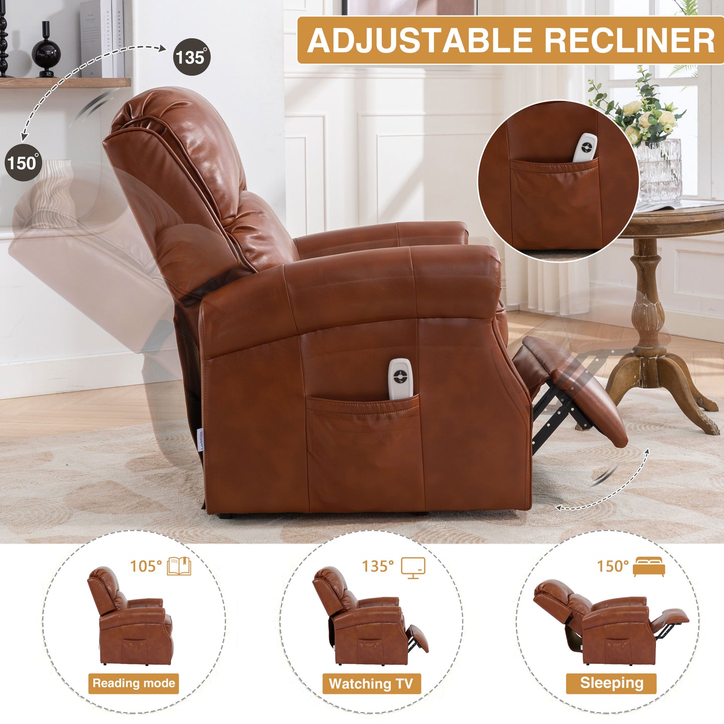 Emery Electric Power Recliner Chair - Caramel