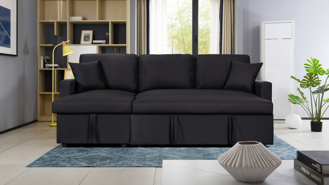 Paisley Linen Fabric Reversible Sleeper Sectional Sofa with Storage - Black