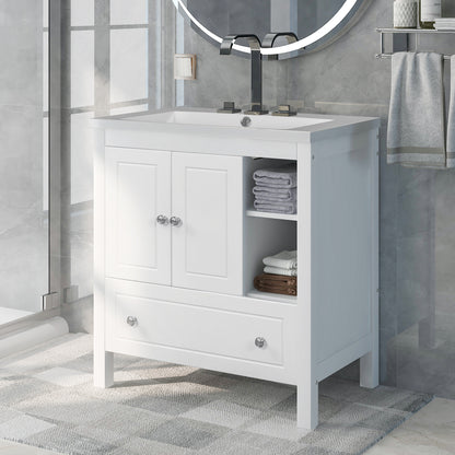 Wooden Bathroom Vanity with Ceramic Sink - White