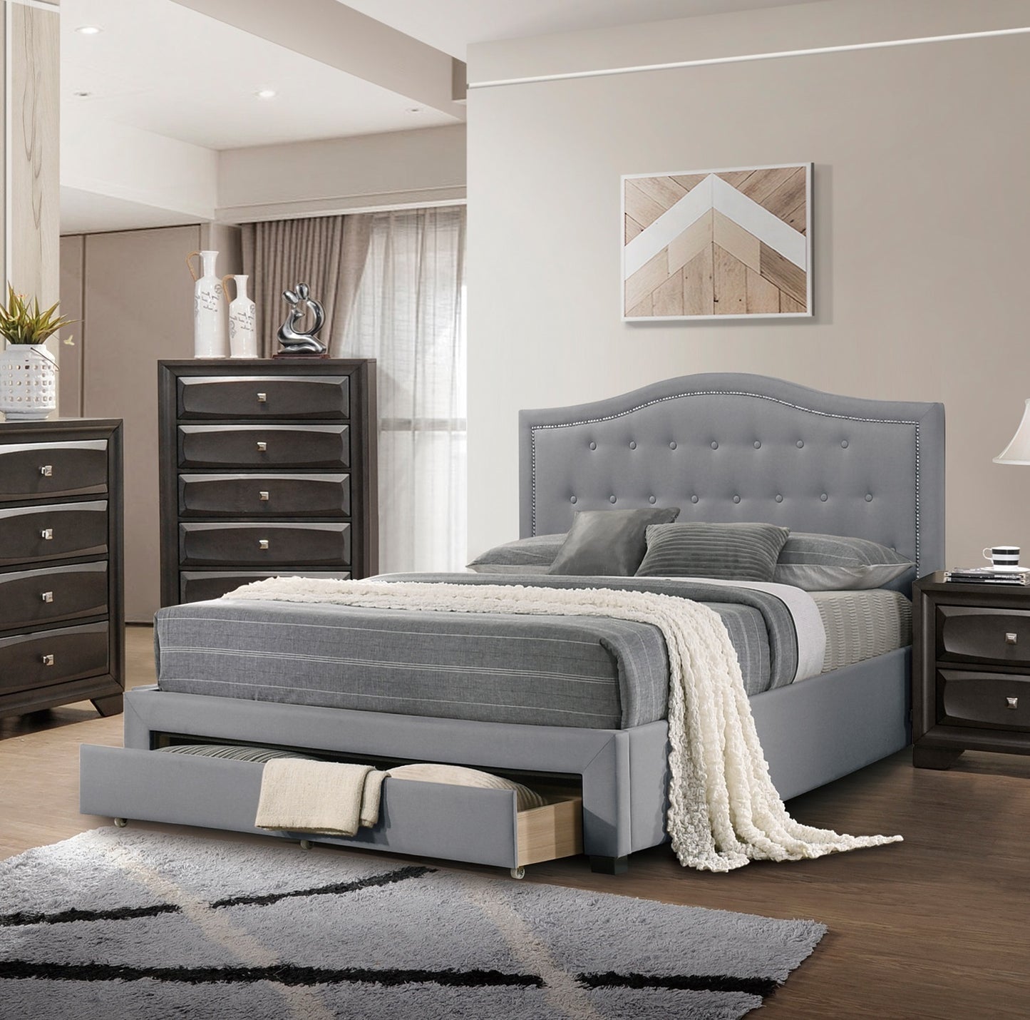 Imani Twin Size Bed w Drawer Button Tufted - Light Grey