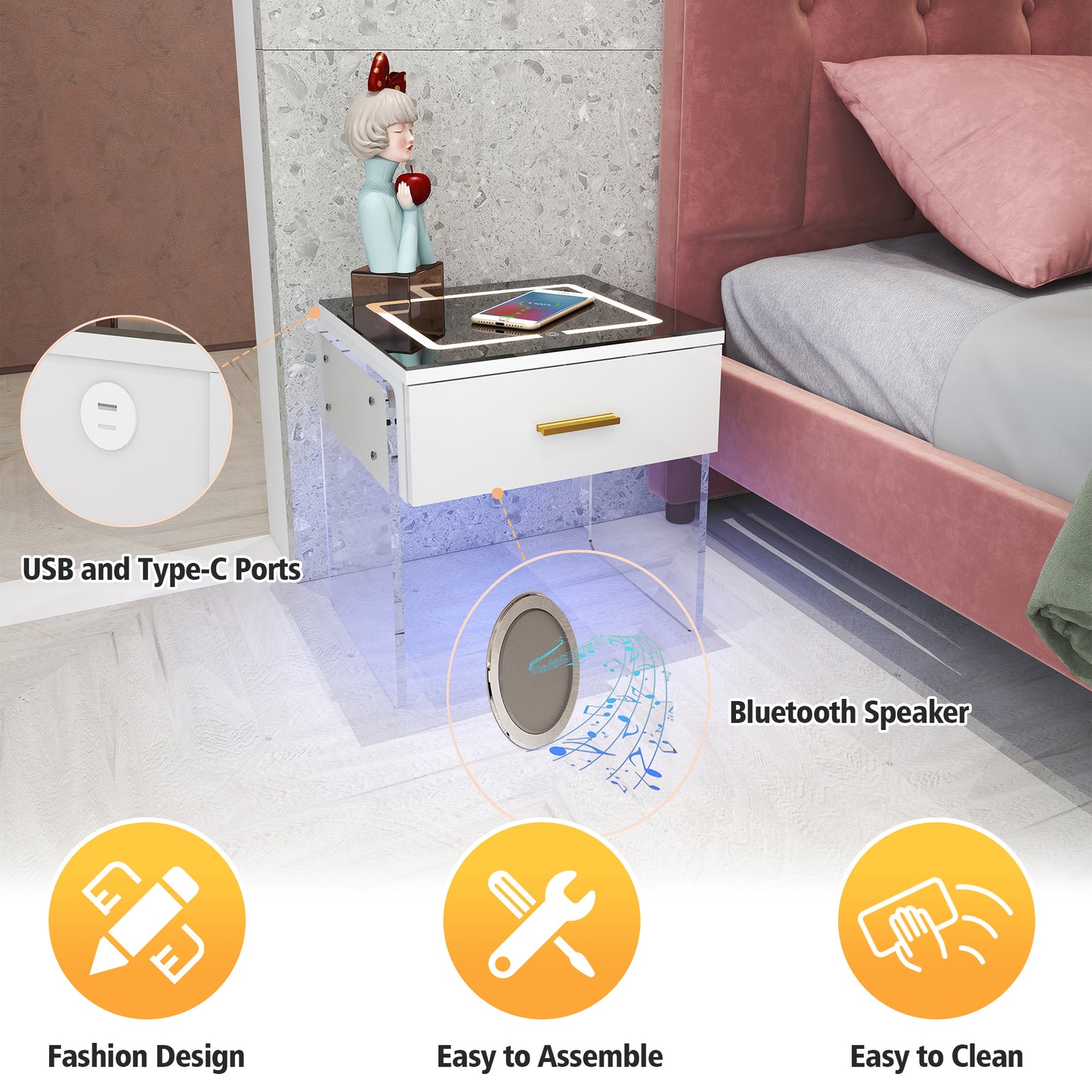 Maxi LED Nightstand with Wireless Charging Station - White