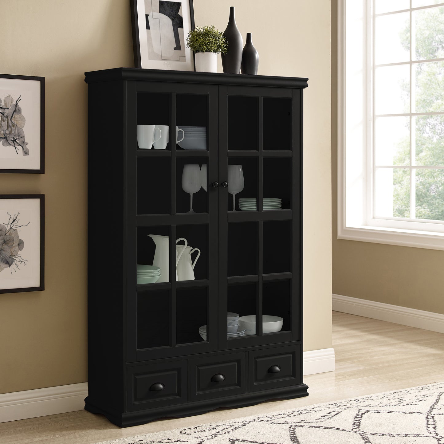 Seno Tempered Glass Doors Curio Cabinet - Black