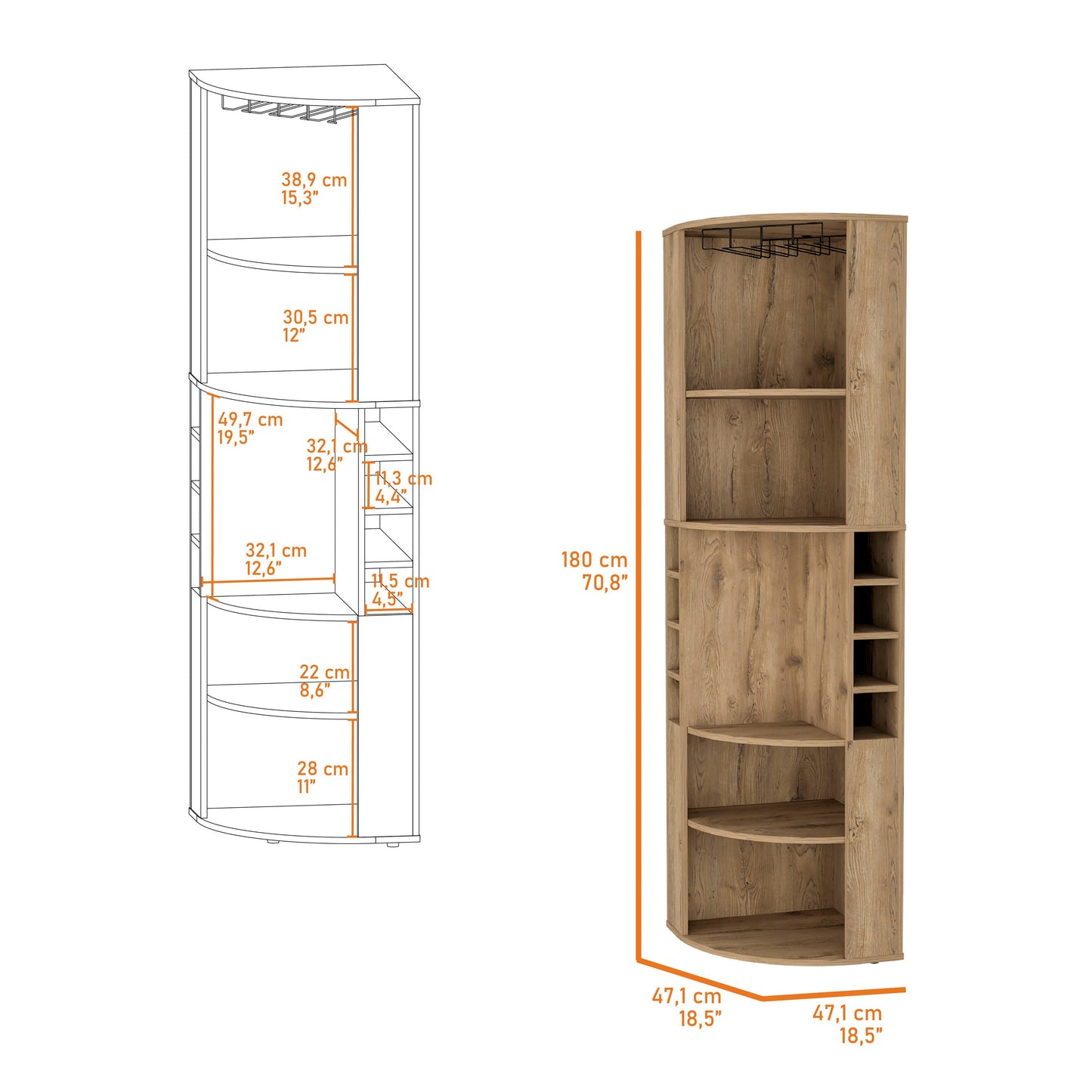 Avery 5 Large Shelves Corner Bar Cabinet - Macadamia