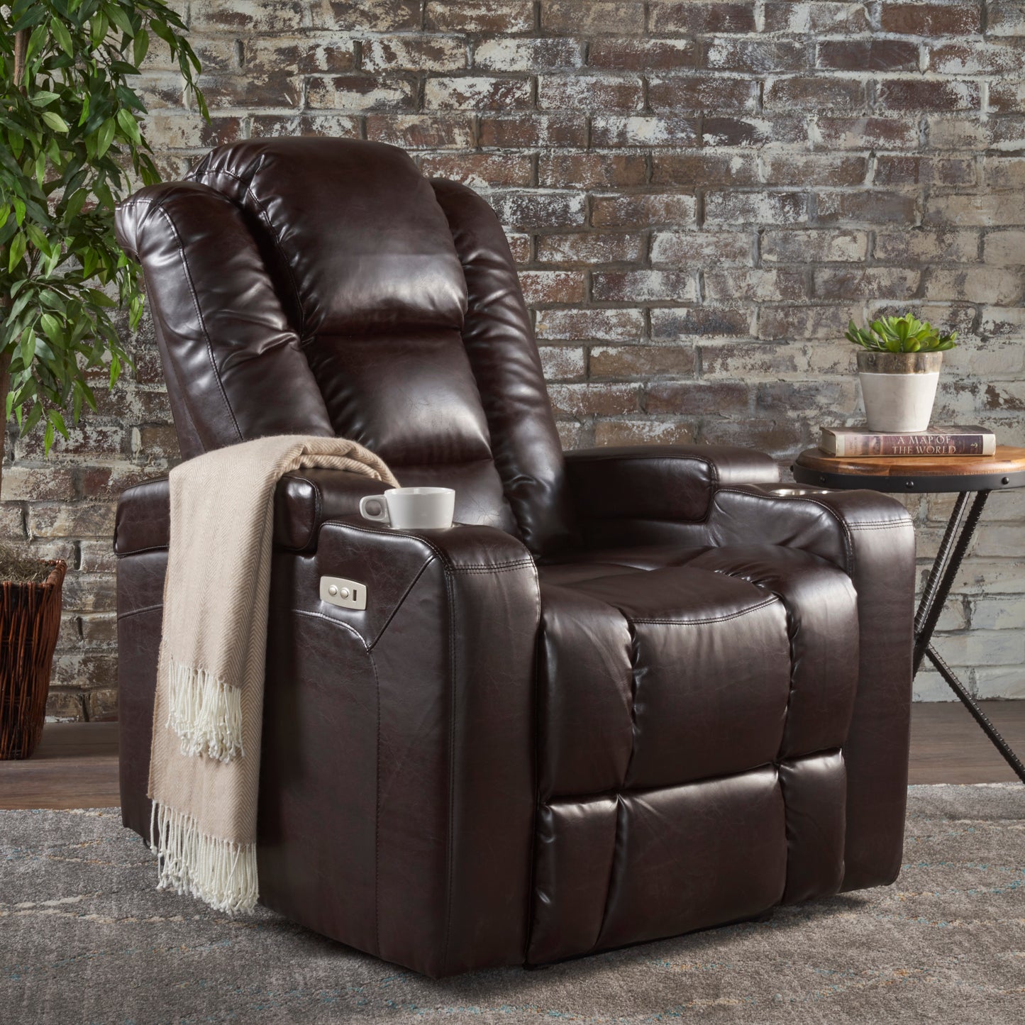 Mylah Recliner Chair PU with Arm Storage with USB - Brown