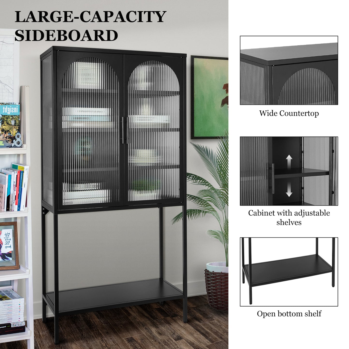 Arched II Glass Doors Floor Cabinet - Black