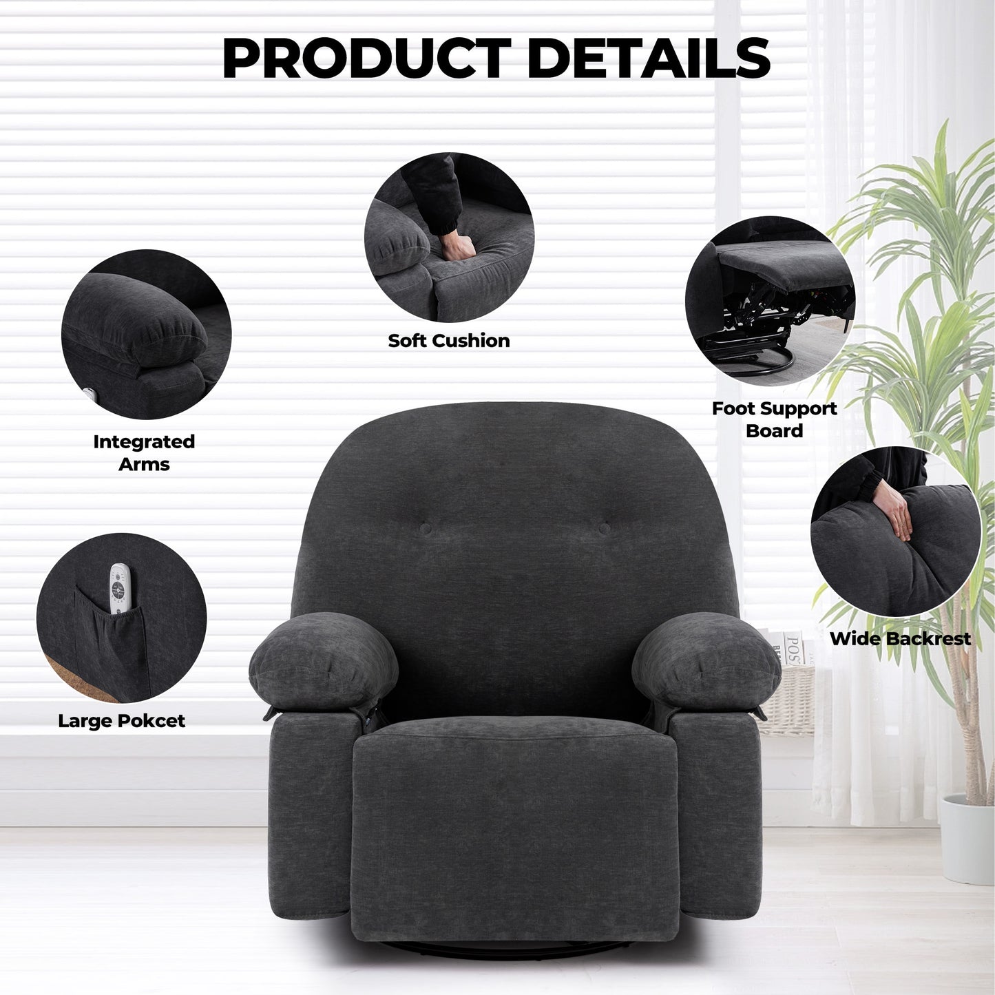 Meza Swivel Massage Rocker Recliner with Heat - Dark Gray