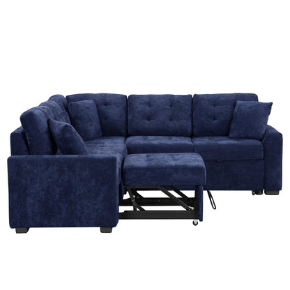 Novak L-shape Sofa Bed Pull-out Sleeper Sofa with Wheels - Navy Blue