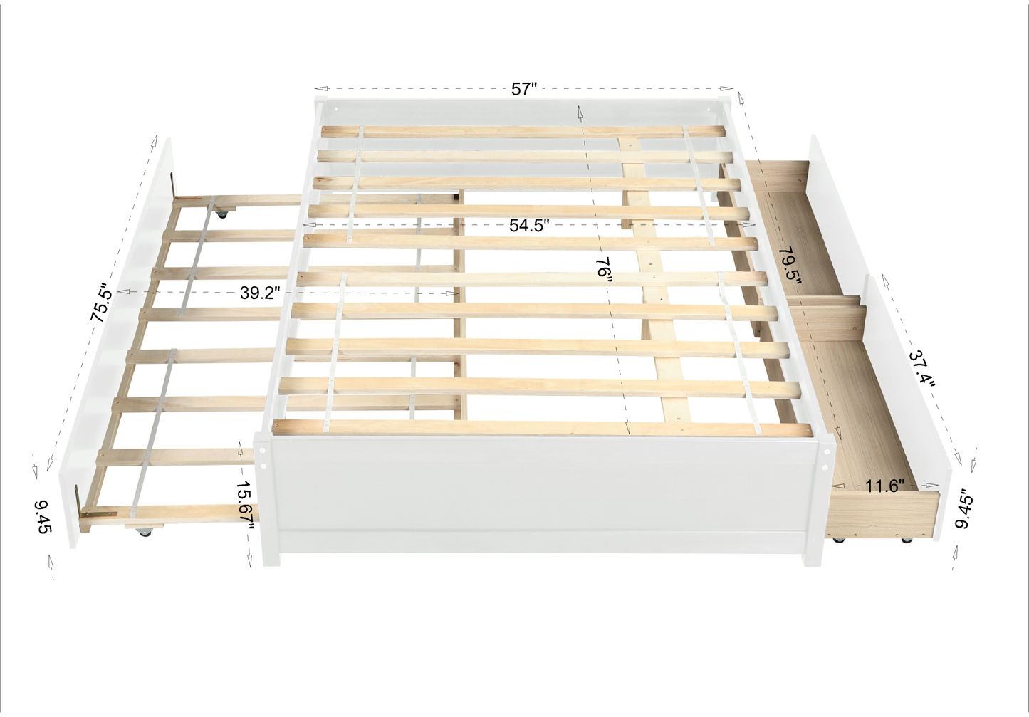 Trundle Max Twin Bed with Storage Drawers - White