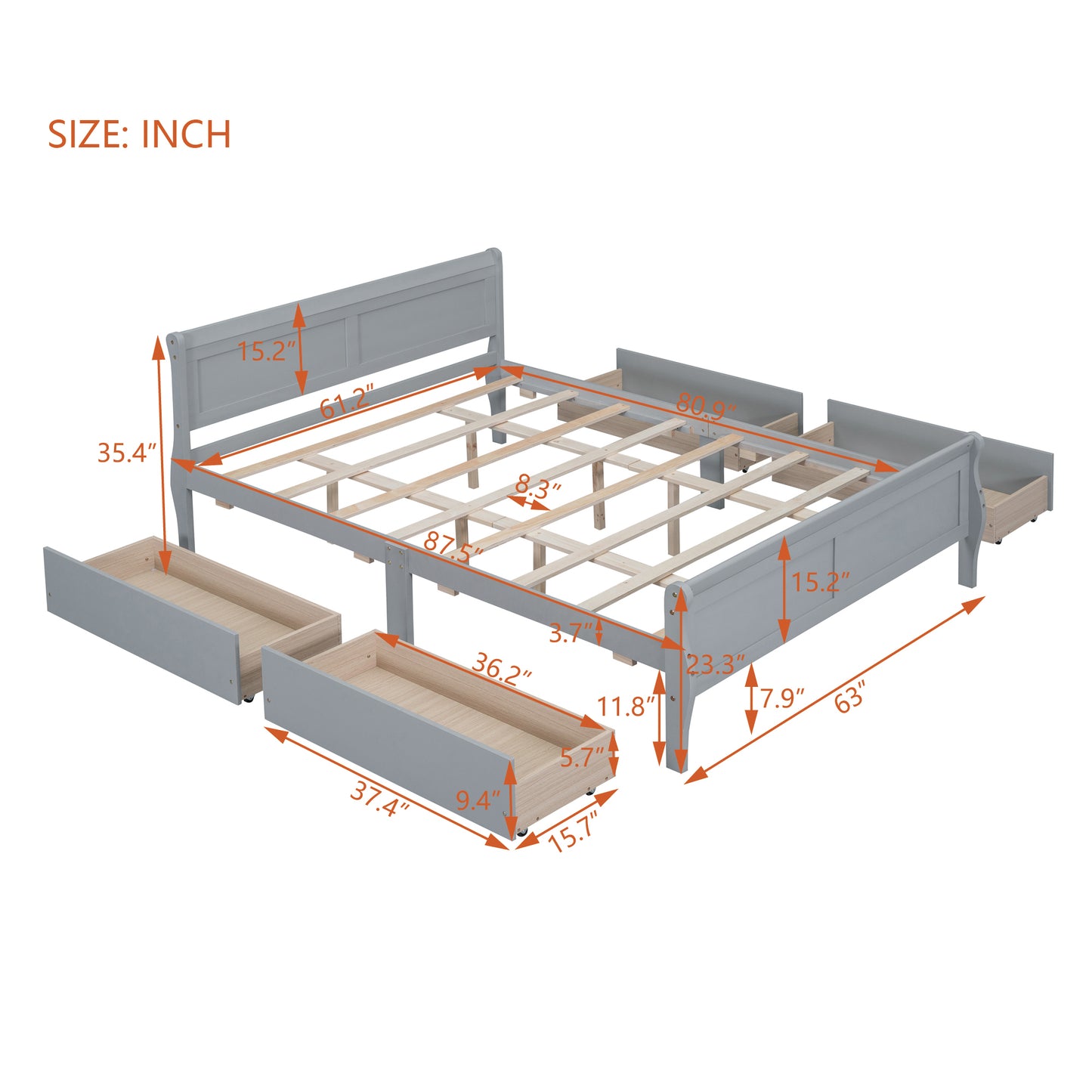 Meg Queen Size Wood Platform Bed with 4 Drawers - Gray