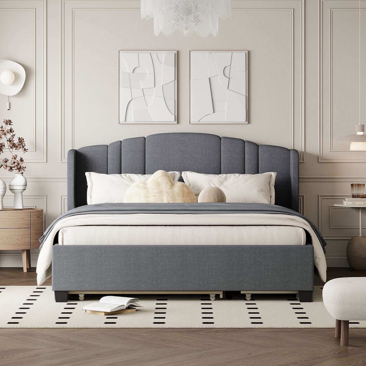 Mali Queen Size Platform Bed with Wingback Headboard - Gray