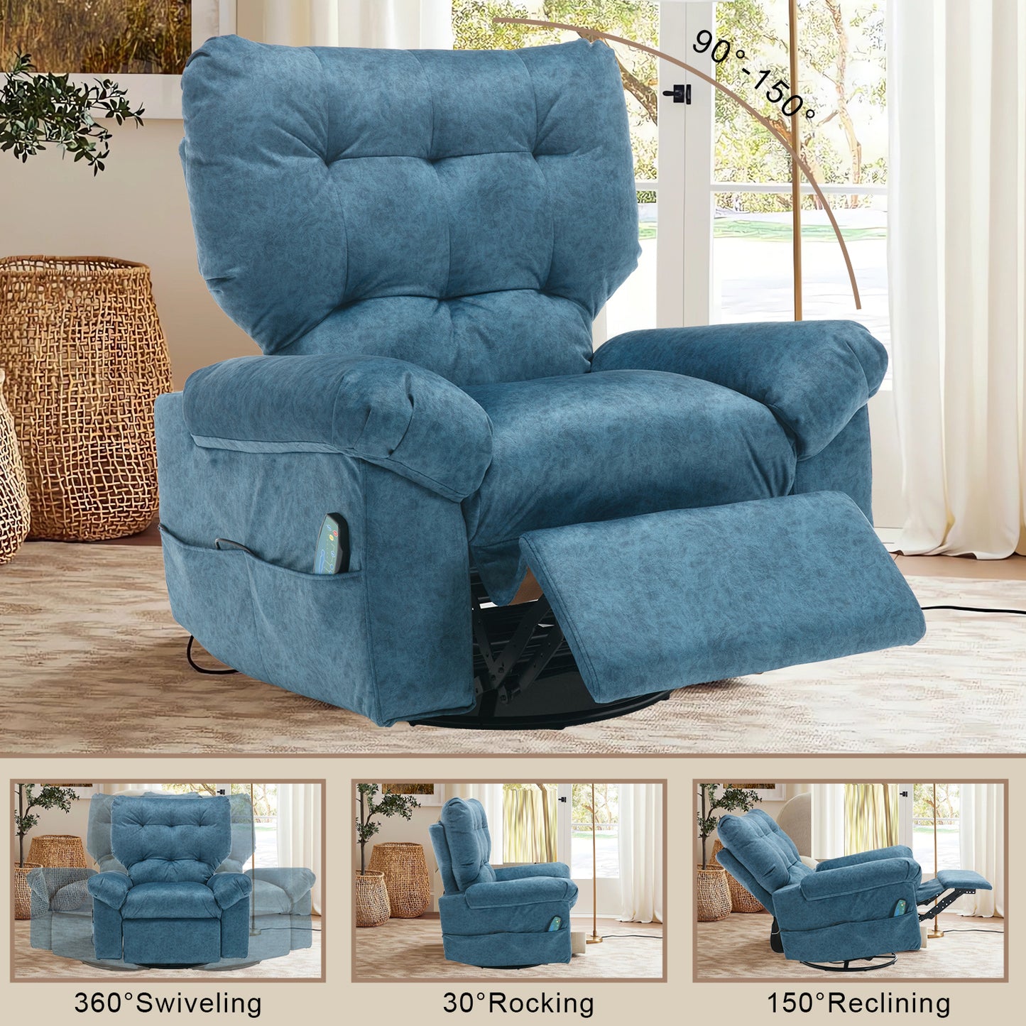 Aria Fabric Rocker Recliner Chair with Massage and Heat - Blue