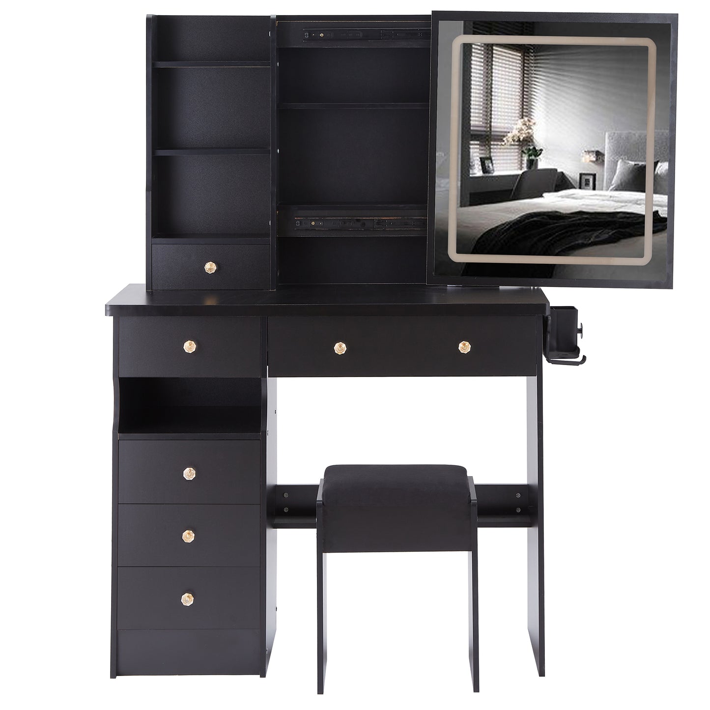 Yano Makeup Vanity Desk Set with LED Sliding Mirror - Black