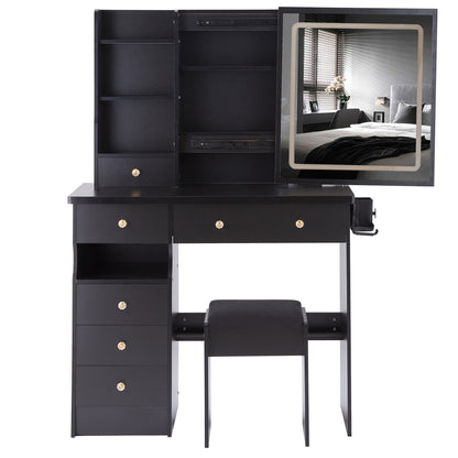 Yano Makeup Vanity Desk Set with LED Sliding Mirror - Black