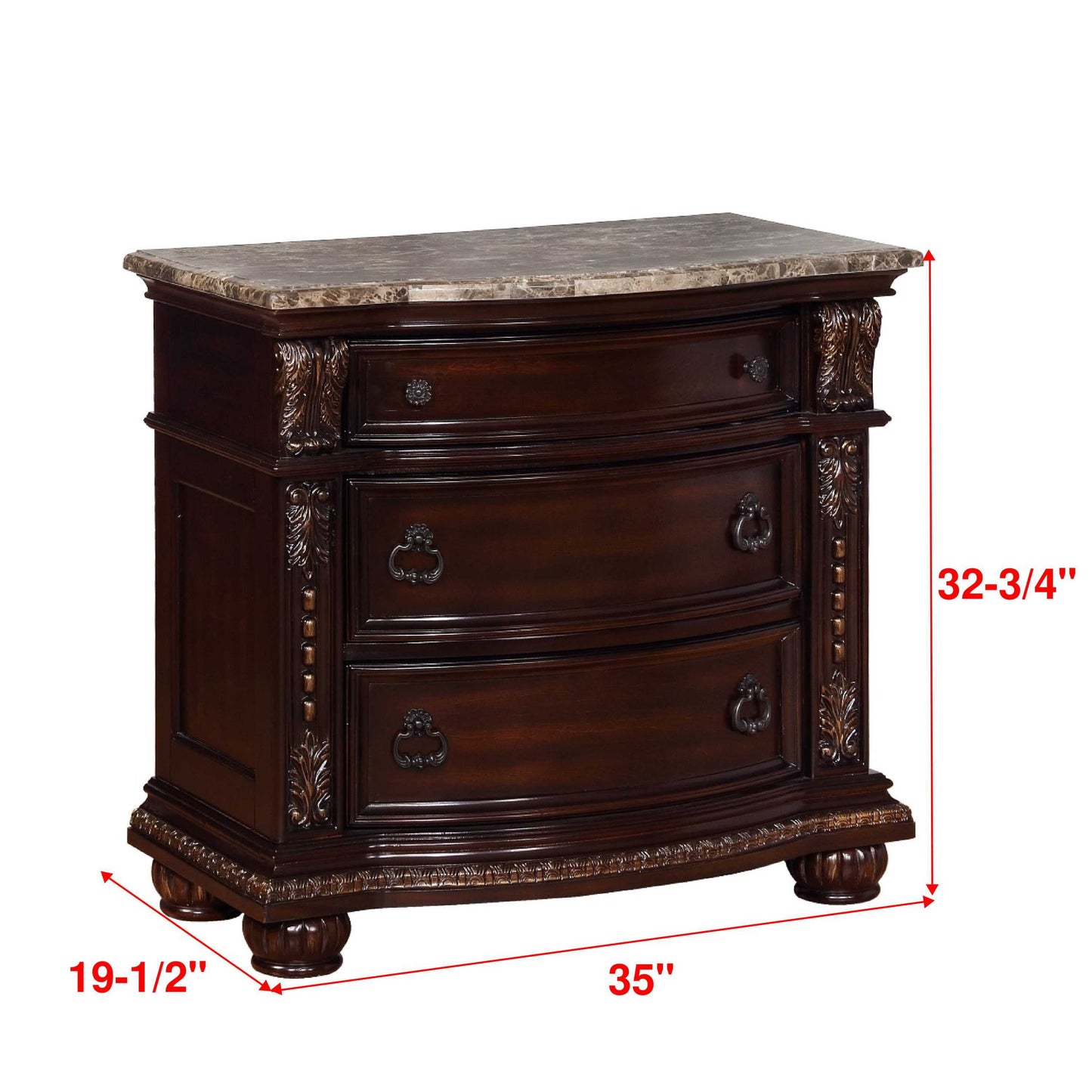 Elysium II Solid Wood Traditional Nightstand End Table with Marble Top  - Brown Cherry