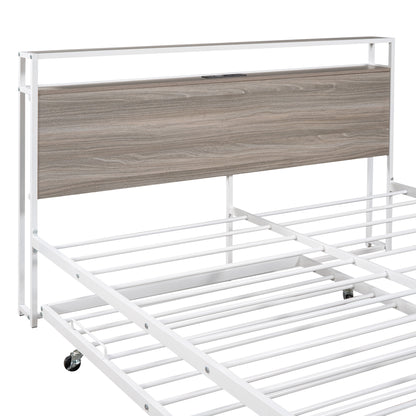 Draven Queen Size Metal Platform Bed Frame with Trundle - White