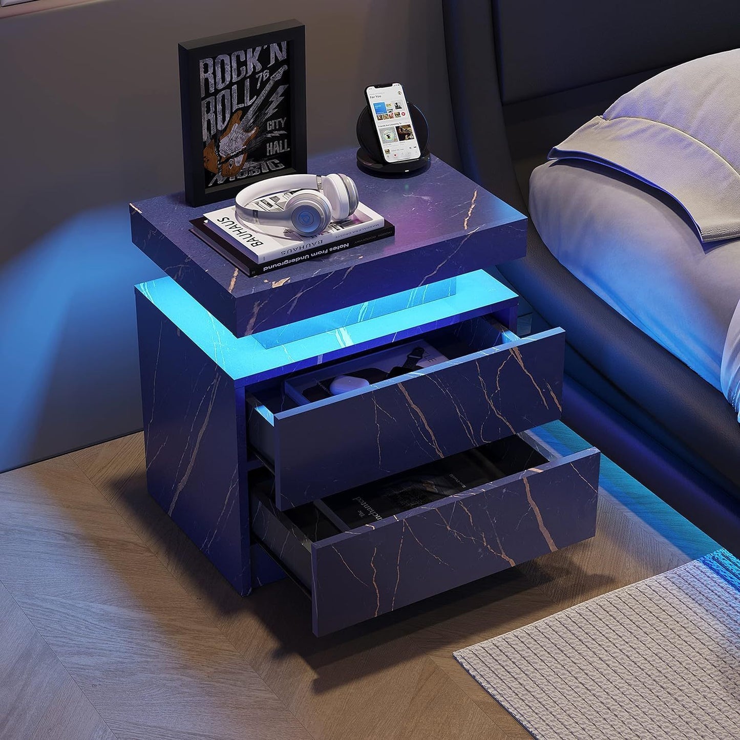 The Gate LED Nightstand with 2 Drawers - Blue+Gold