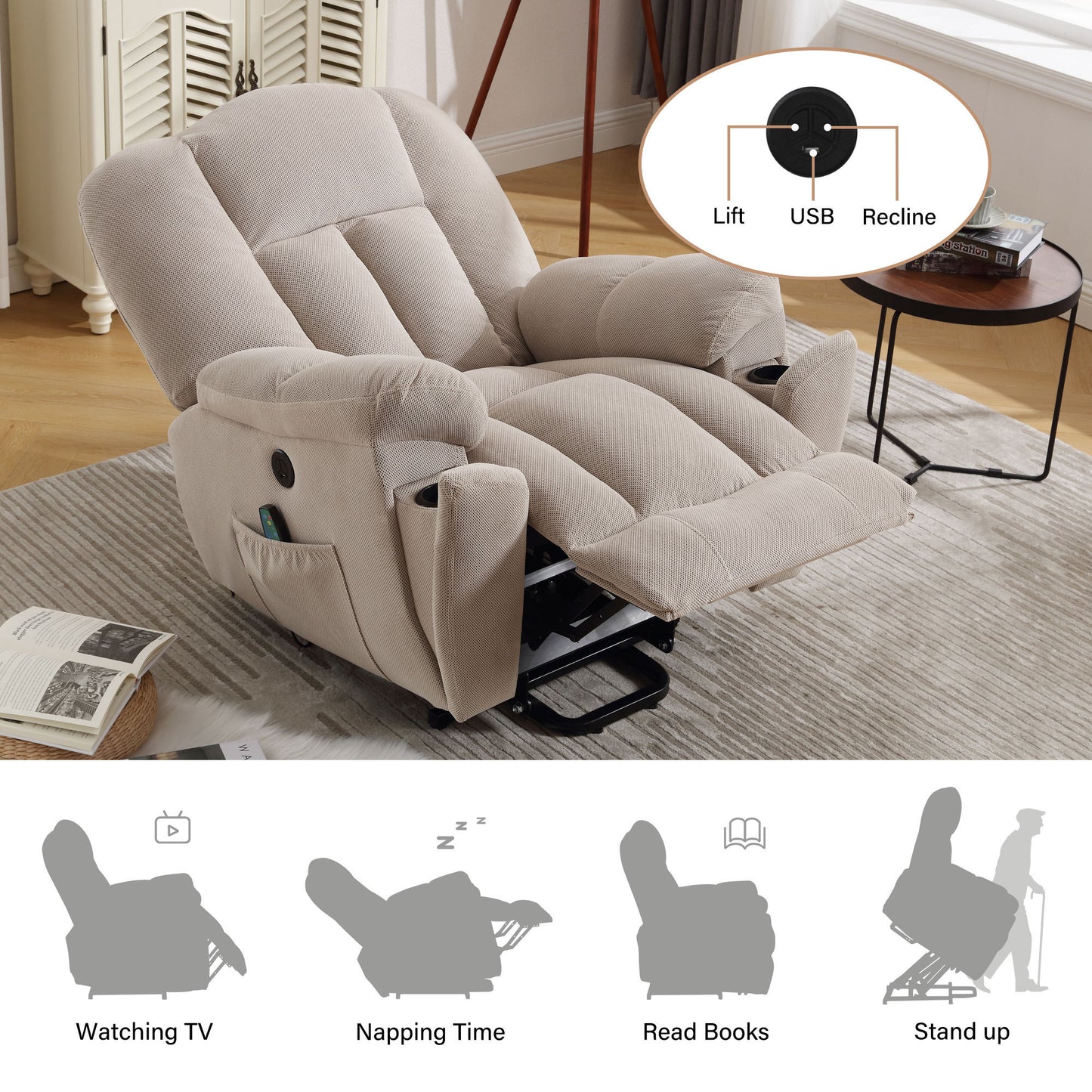 Minder Power Lift Recliner Chair Recliners - Beige