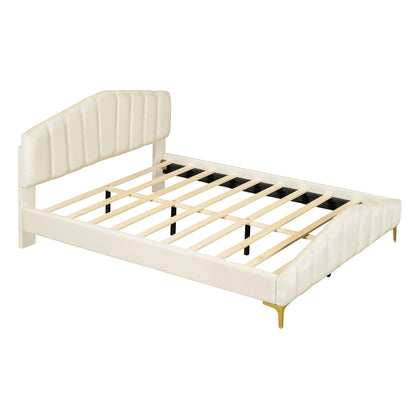 ZuZu Queen Size Velvet Platform Bed with Metal Bed Leg - Beige