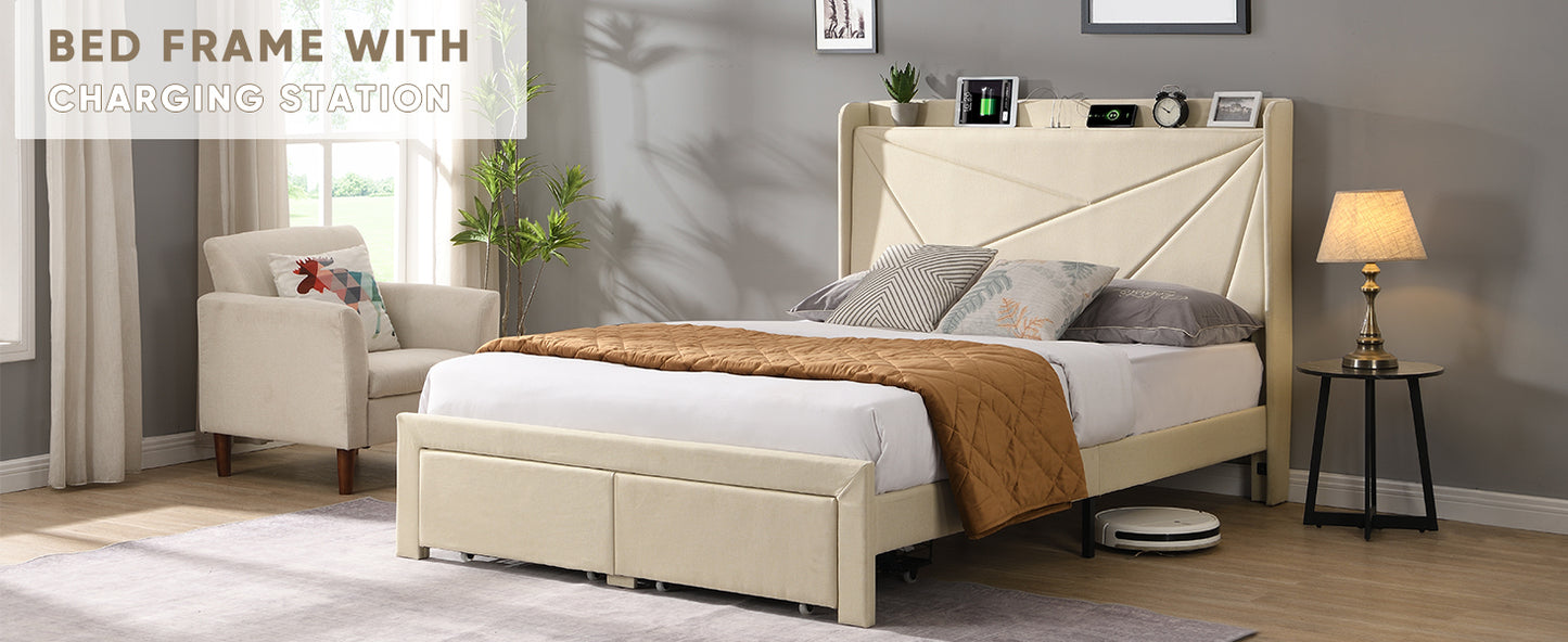 Craven Queen Size Bed Frame with 2 Storage Drawers - Beige