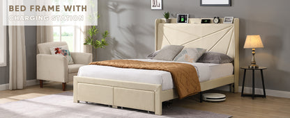 Craven Full Size Bed Frame with 2 Storage Drawers - Beige