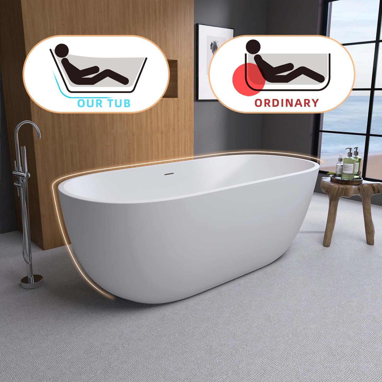 Hana 65" Oval Shape  Acrylic Freestanding  Soaking Bathtub - Matte White