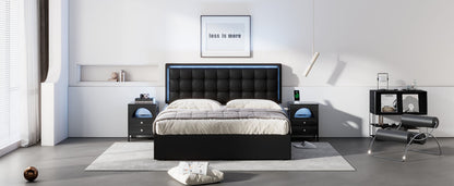 Fenix Queen Size Tufted Platform Bed w Hydraulic Storage -Black