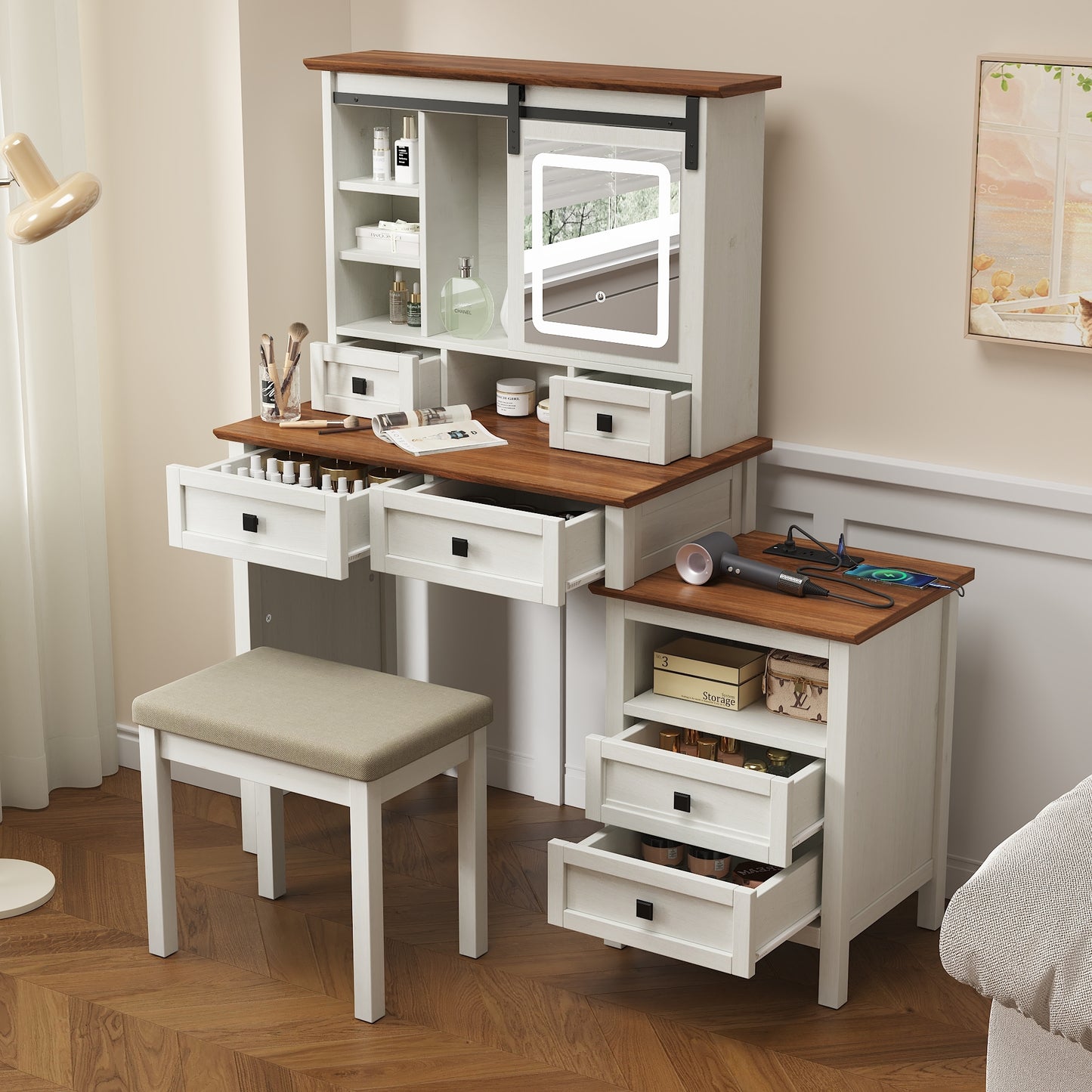 Alma Vanity Table Set with Side Cabinet and Cushioned Stool