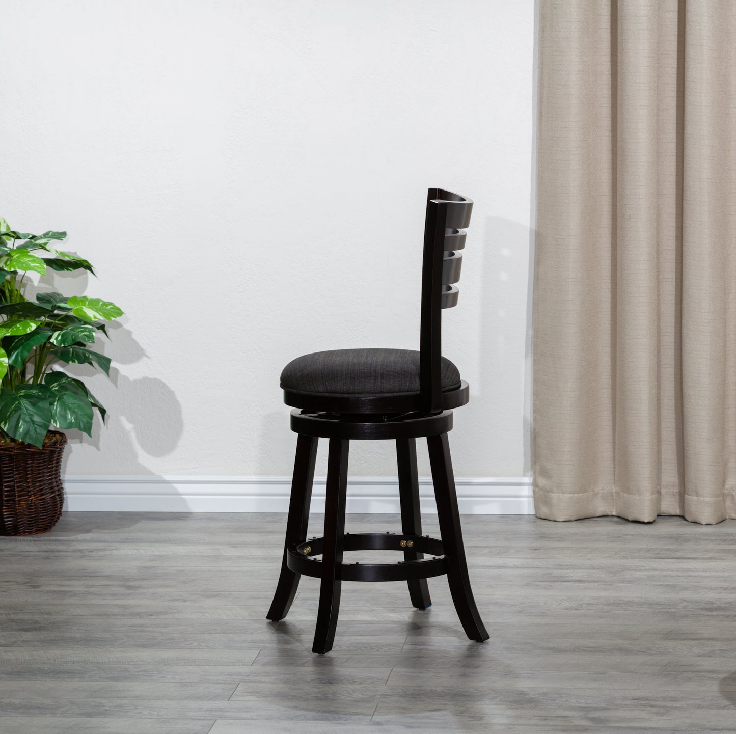 Counter Height Slat Back Swivel Stool, Espresso Finish, Charcoal Fabric Seat