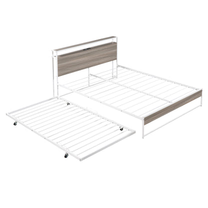 Draven Queen Size Metal Platform Bed Frame with Trundle - White