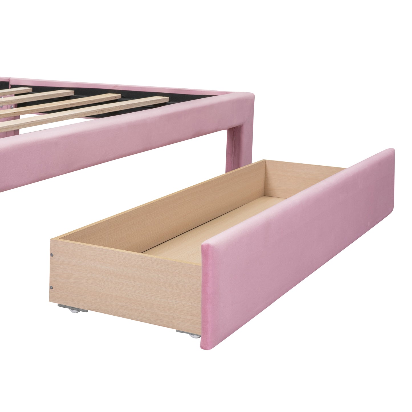 Renni Queen Size Velvet Platform Bed Frame with Drawer - Pink