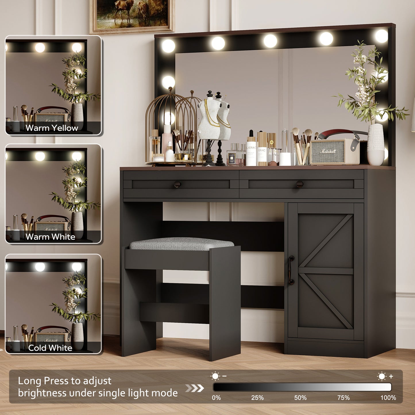 Chaya II Makeup Vanity Table With Large Mirror and 11 LED Light - Black