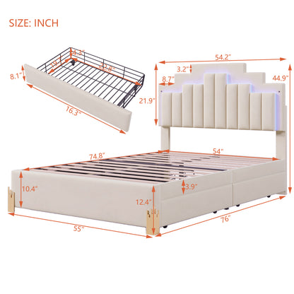 Neco Full Size Platform Bed with LED and 4 Drawers - Beige