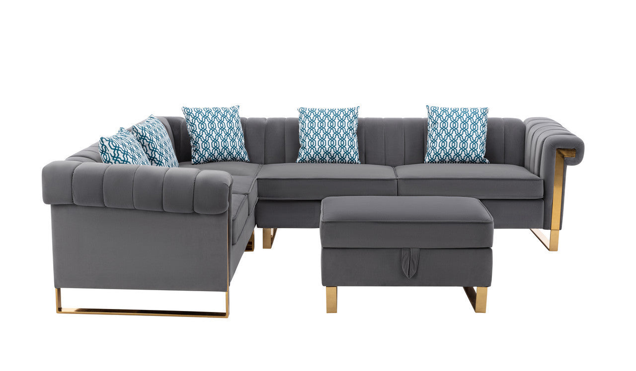 Maddie Velvet 6-Seater Sectional Sofa with Storage Ottoman - Gray