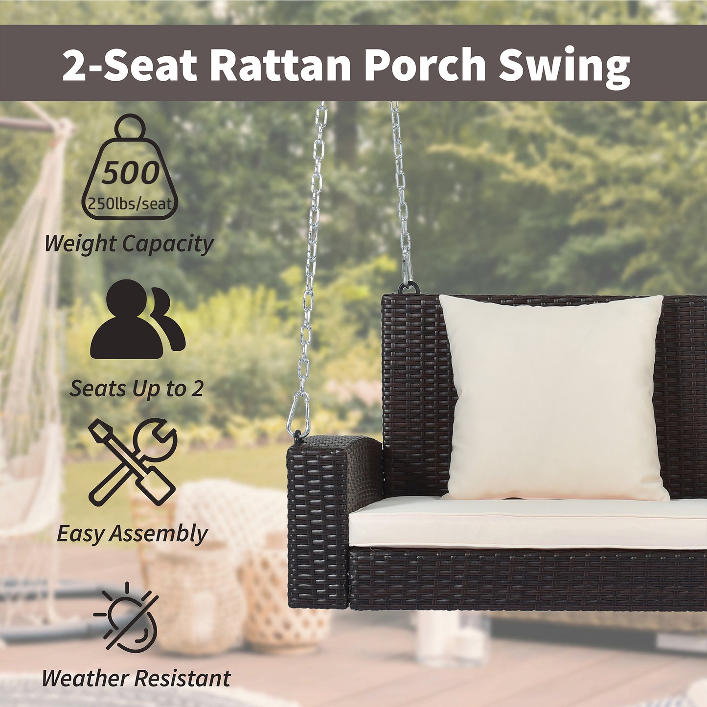 Paz 2-Person Wicker Hanging Porch Swing (Brown Wicker, Beige Cushion)