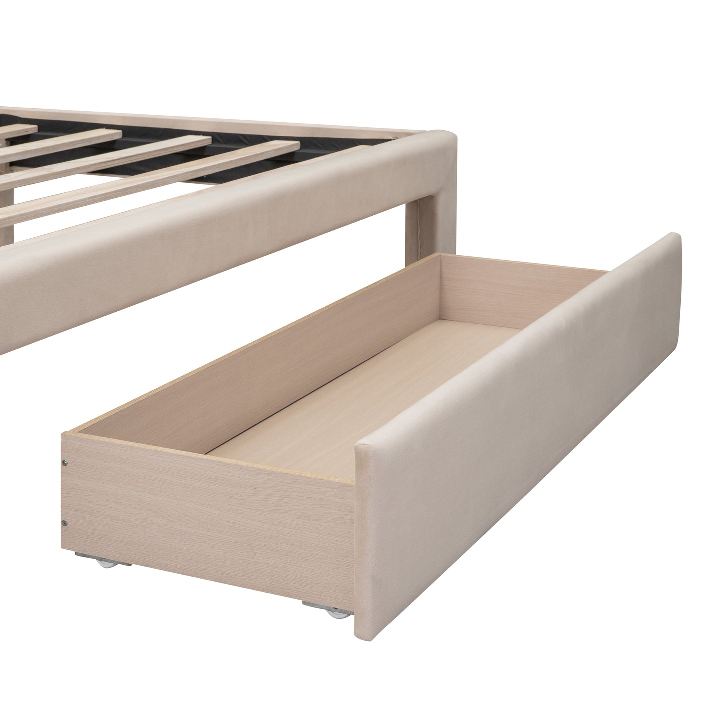 Renni Queen Size Velvet Platform Bed Frame with Drawer - Beige