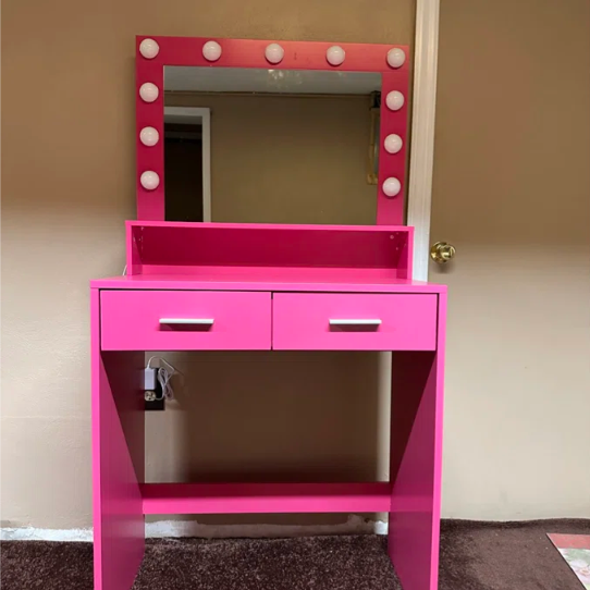 Neve Vanity Desk with Mirror and Lights - Rose Pink